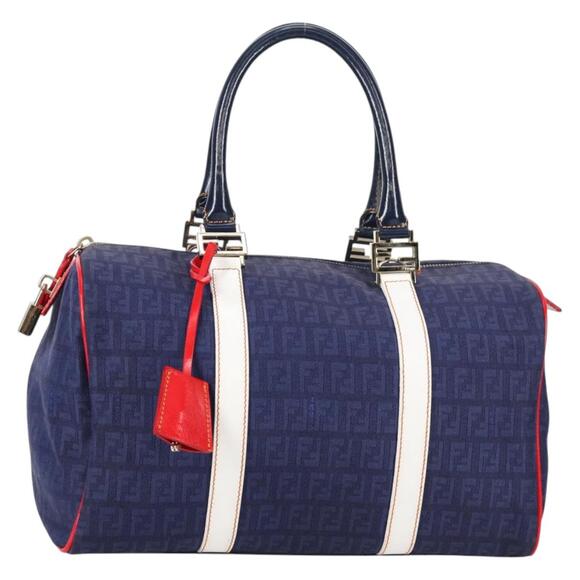 FENDI Zucchino Canvas Boston Bag Navy Gold - Picture 1 of 12